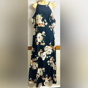 Anself Women Maxi Dress Halter Neck A-line Sleeveless Blue Floral Size 5XL